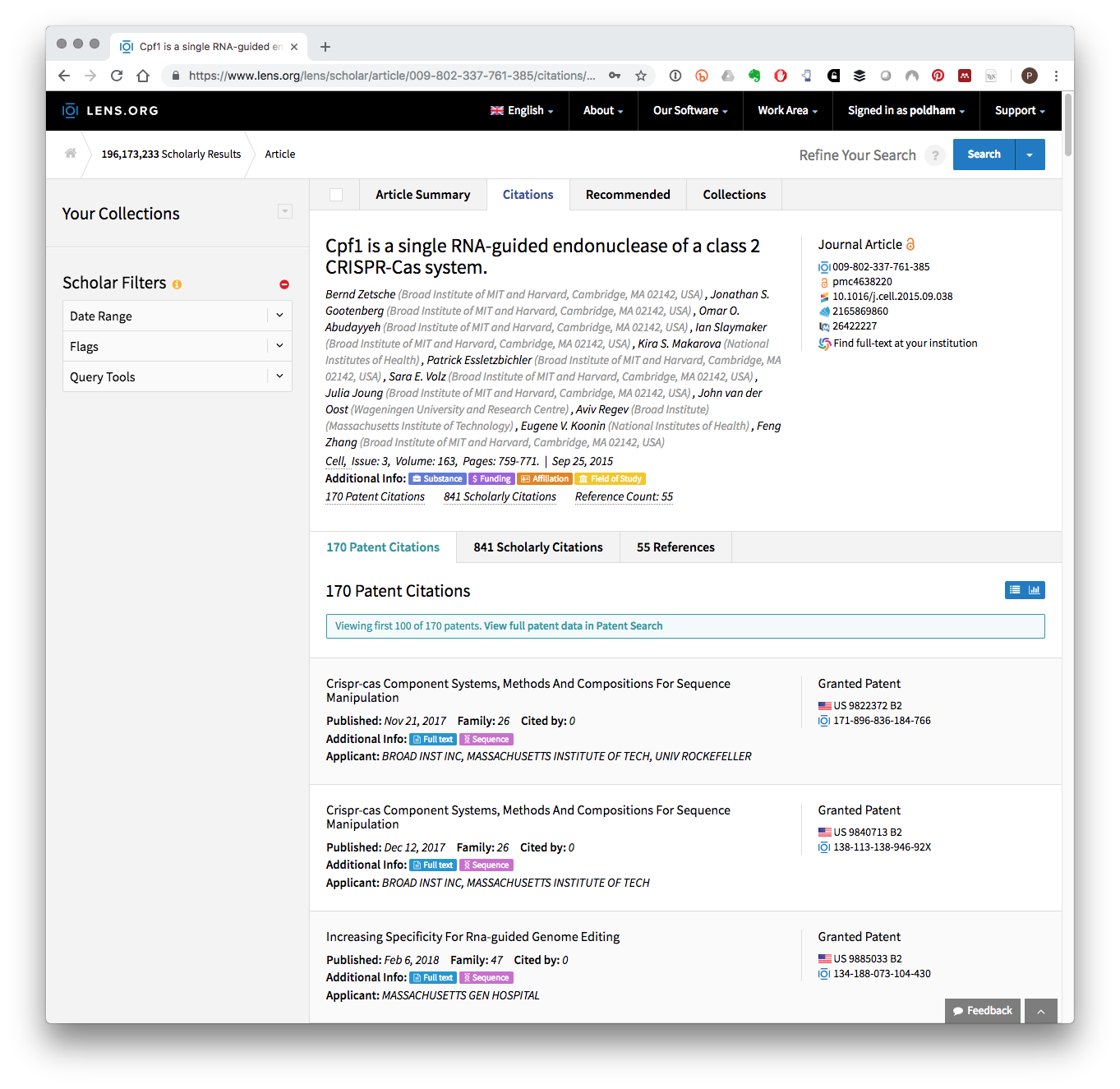 Patent Documents Citing A Key CRISPR Research Article