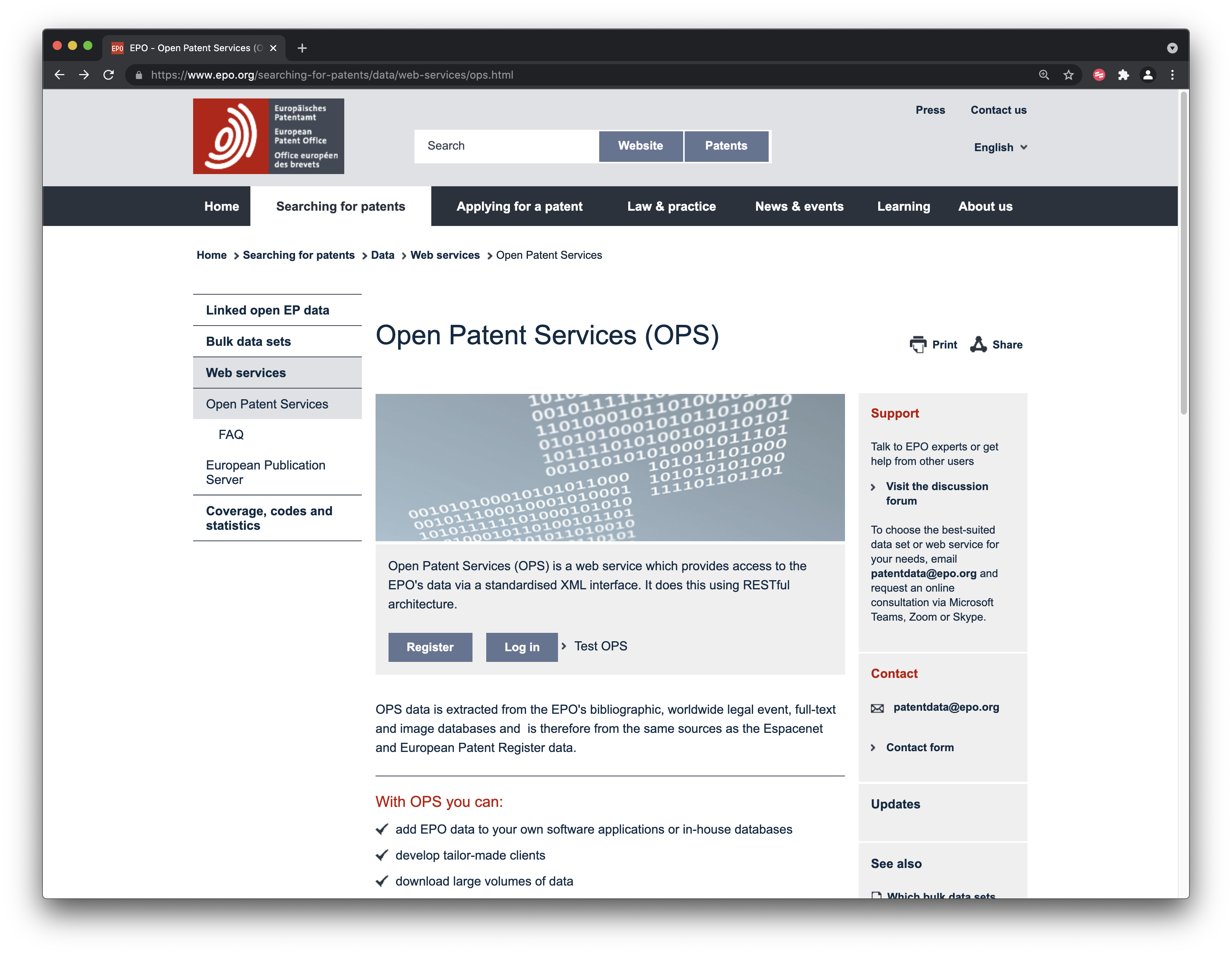 EPO Open Patent Services for programmatic access to EPO data