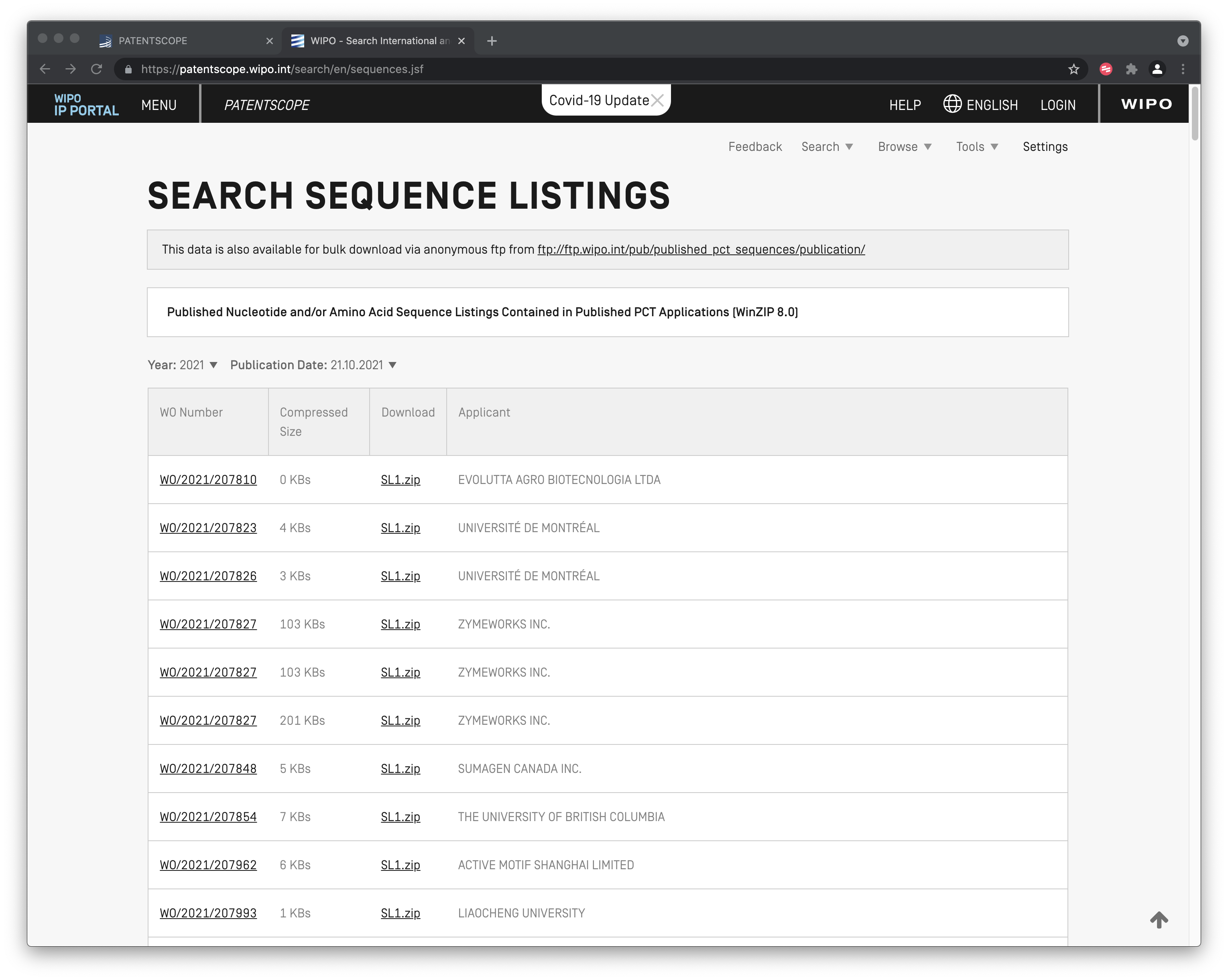 Patentscope Sequence Listings with Bulk Download available over ftp
