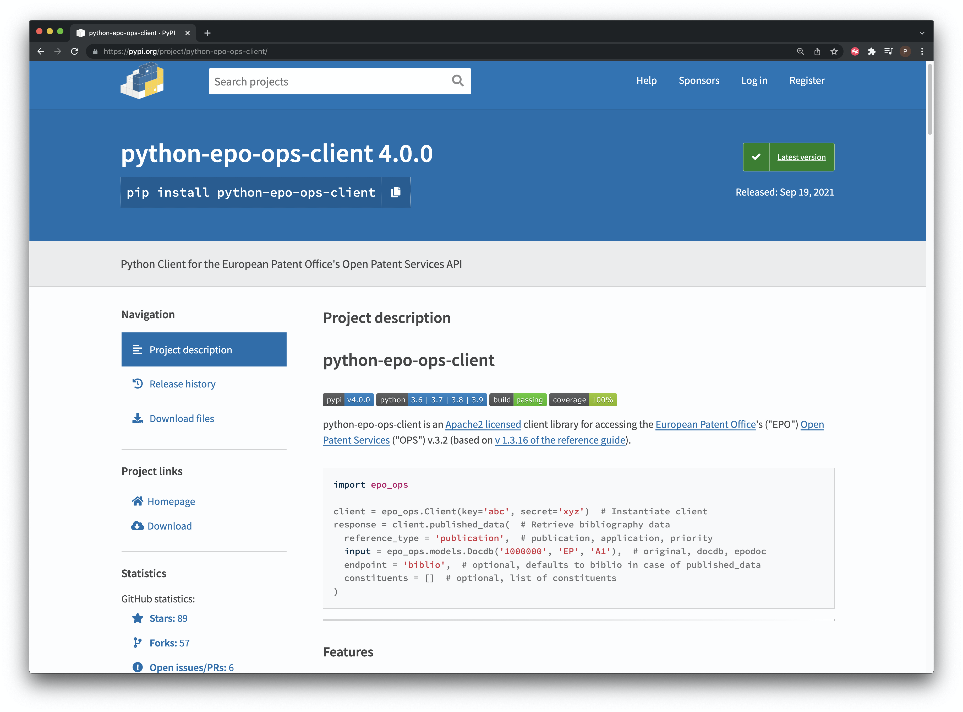 Python Client for the EPO OPS Service