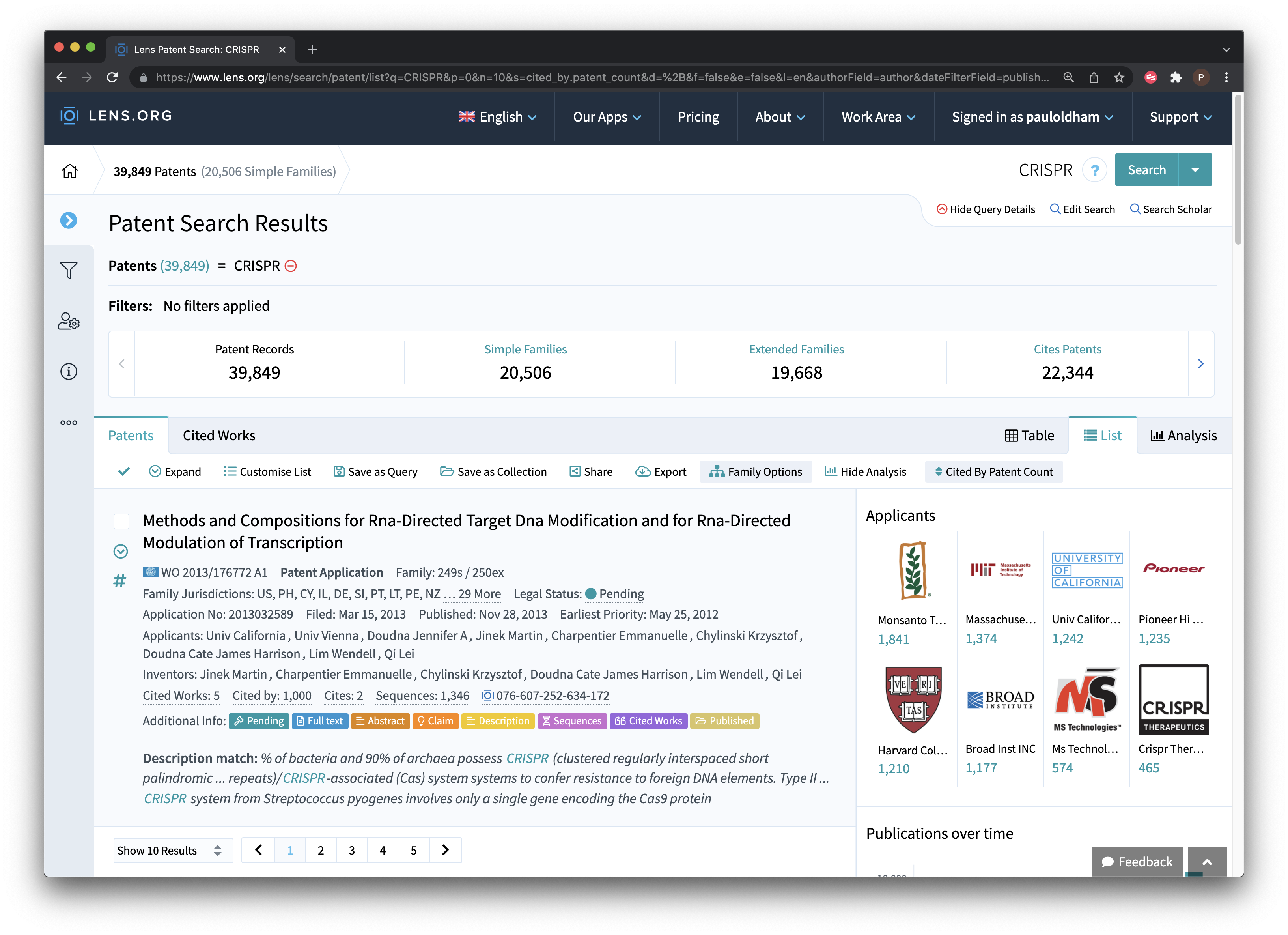 Raw Patent Data for CRISPR Gene editing technology